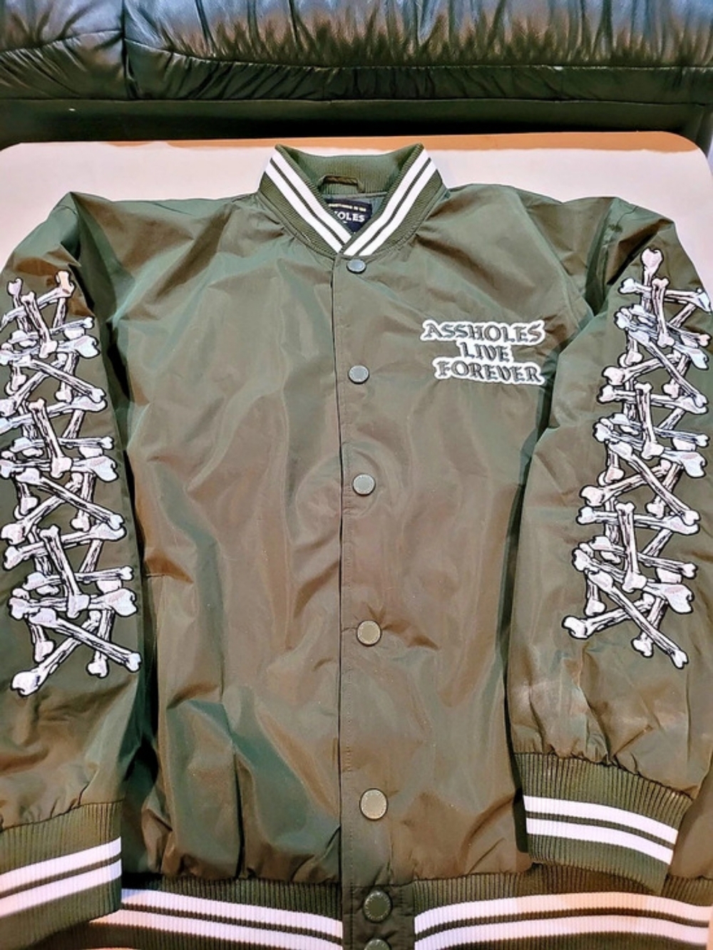 Assholes Live Forever Crossbones Bomber Jacket Green & White Large